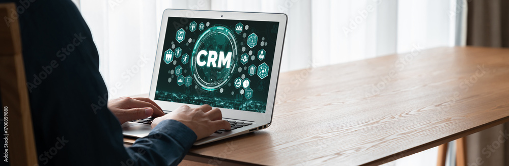 Poster customer relationship management system on modish computer for crm business and enterprise