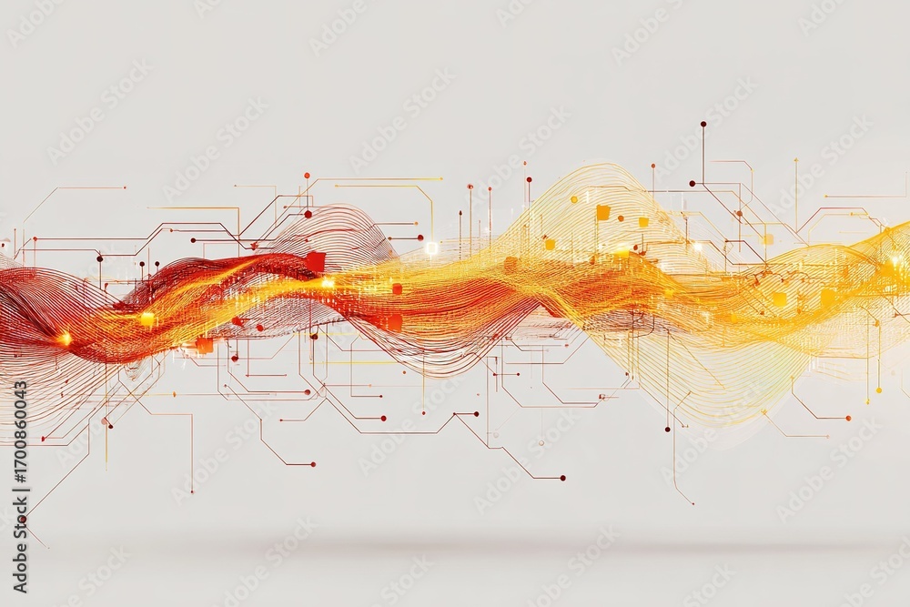 Poster dynamic flow of digital waves with colorful lines and circuitry pattern on a neutral background