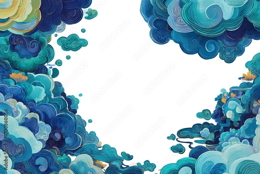 Poster colorful swirling clouds create a vibrant frame against a blank background in this abstract artwork 