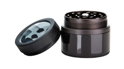 Metal grinder, open, studio shot, dark background, herb