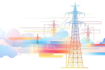 Colorful illustration of tall power lines and energy transmission technologies in a modern landscape