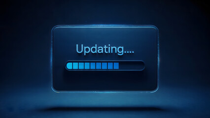 Blue updating screen with a progress bar indicating an ongoing process on a dark background