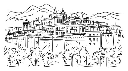 Hill‑fort town with defensive walls and domed temples, layered across rugged mountain slopes