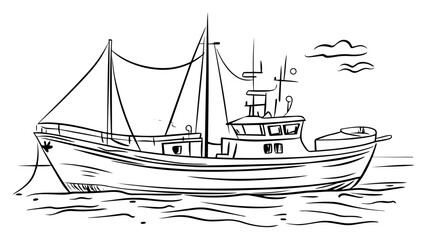 Classic wooden fishing trawler cruising quiet coastal waters beneath a gull‑filled sky