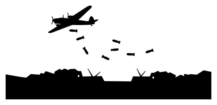 World War II bomber silhouette releasing payload over coastline &mdash; dramatic wartime scene