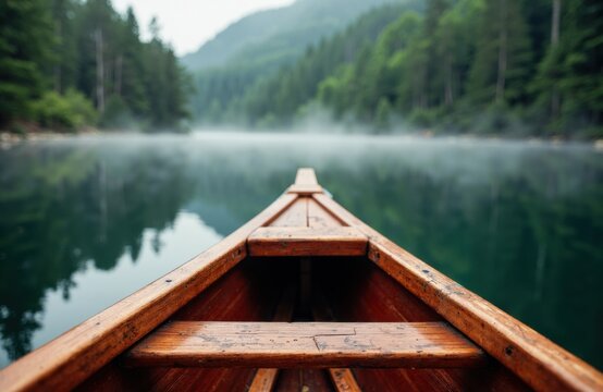 Peaceful lake scene viewed from a wooden boat with lush green forest and misty mountains in the background