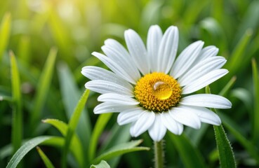 Obraz premium A white daisy flower with a yellow center blooming amidst green grass and foliage