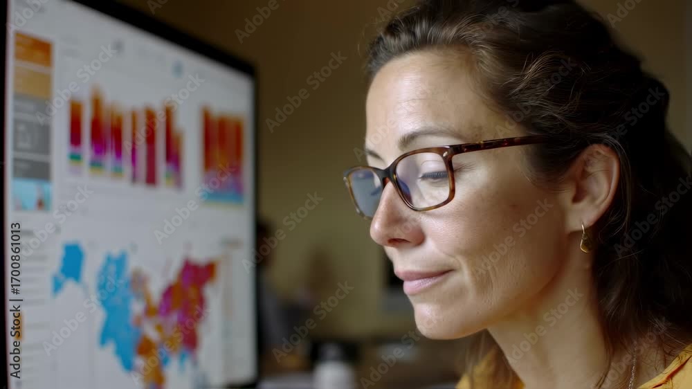 Poster medium shot of a professional analyzing compliance data on a computer screen with the background sof