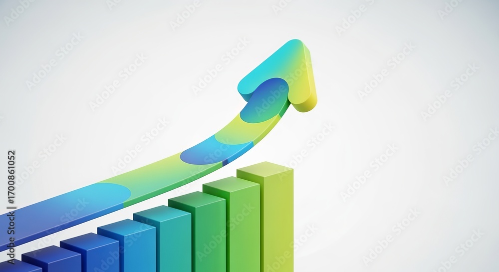 Poster upward trajectory: a vibrant arrow symbolizing growth ascends over a dynamically colored bar graph, 