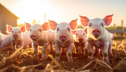 Cute piglets in a pigpen on a farm, bright sunset. AI