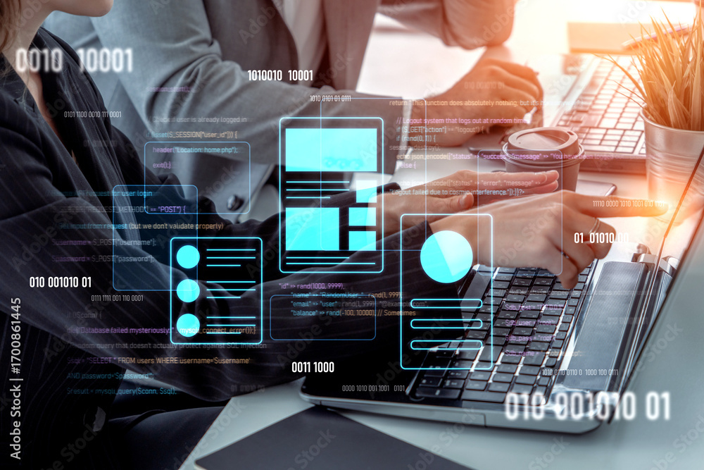 Fototapete ui ux mockup showing application layout, structure, and code interface. ui design defines user flow,