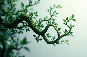 A green snake coiled around a leafy tree branch against a light background