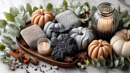 A flat lay of Halloween-themed artisanal soaps in vibrant colors.