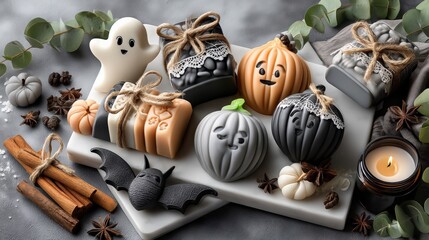 A flat lay of Halloween-themed artisanal soaps for seasonal decor.