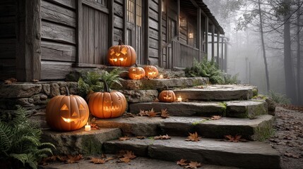 A realistic image of carved Halloween lanterns for editorial use.