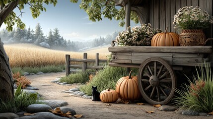Rustic countryside scene with a wooden pushcart filled with items.