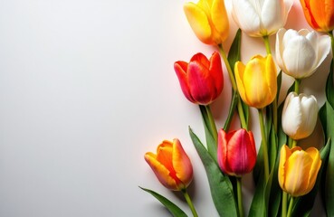 Colorful tulips in shades of red, yellow, orange, and white arranged on a white background