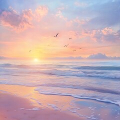 Breathtaking pastel colored sky sunset over ocean waves and birds high resolution picture
