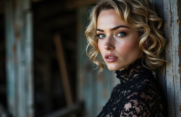Fototapeta premium Close-up of a woman with blonde curly hair and striking blue eyes leaning against a wooden wall
