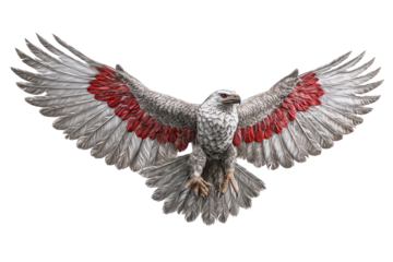 A soaring hawk, wings outstretched, in a bold, dynamic pose.  Its plumage is predominantly light gray, accented with vivid red markings on the wings
