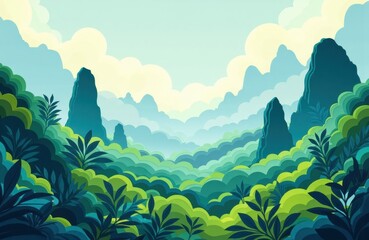 Lush green jungle landscape with mountains and cloudy sky in a colorful illustration