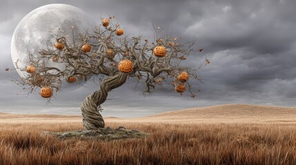 A solitary twisted tree in an open autumn field landscape.