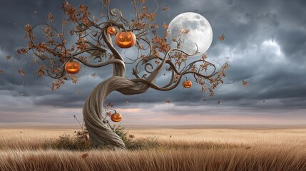 A single twisted tree in an open autumn field, high fidelity image.