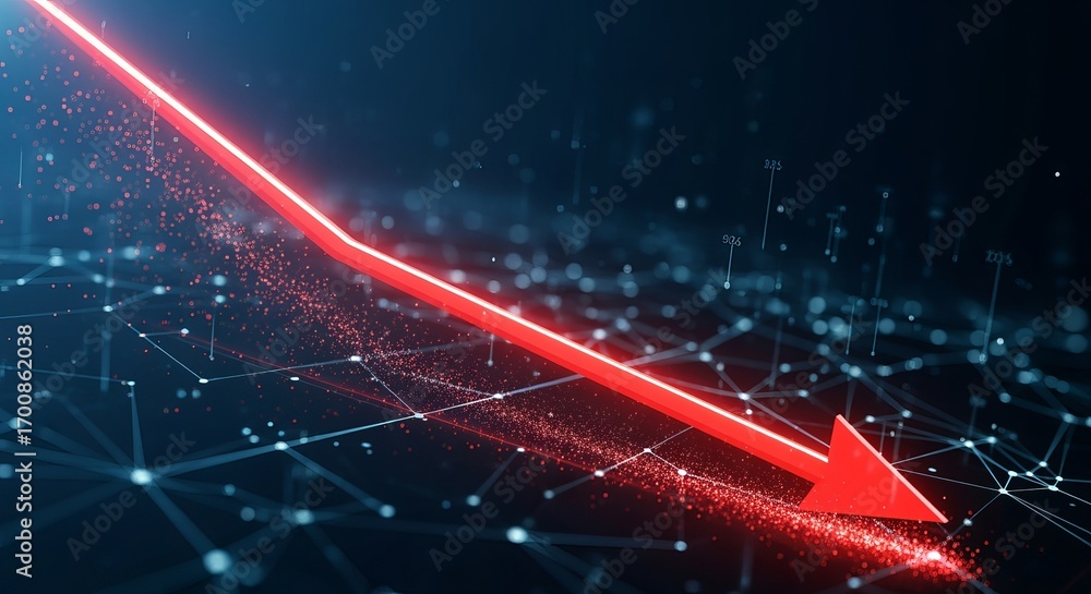Poster economic downturn: a vivid red arrow plunges downwards across a complex network of illuminated digit