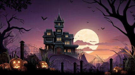 Stylized concept art of a large Victorian-style haunted house.