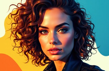 Woman with curly hair and striking makeup looking directly at the camera