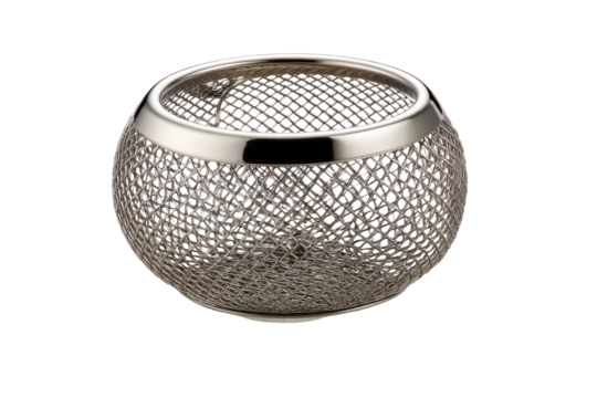 Round, metallic bowl with a mesh design.  A spherical, light-gray, metal bowl features a fine, open-work mesh pattern over most of its surface.
