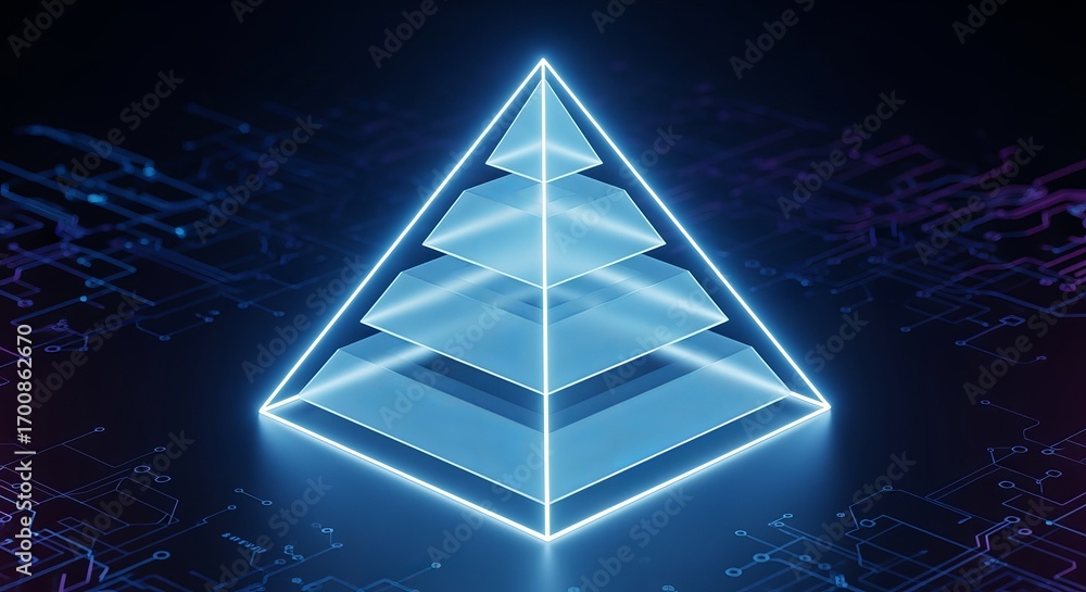 Poster pyramid of progress: a glowing neon pyramid design on a modern tech surface, illustrating concepts o