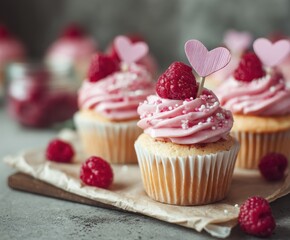 Raspberry cupcakes on the kitchen table. Pink cupcakes with raspberry filling and paper hearts.