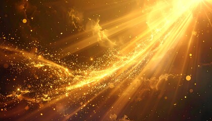 A radiant golden abstract design featuring dynamic light rays and shimmering particles, creating a captivating celestial scene.