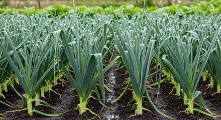 Green Leek Plants Growing in an Agricultural Field.
