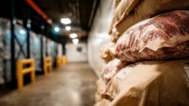 Sharp image of a modular cold storage setup showing stacked meat packages in the foreground contrasted by the blurred structural components behind.