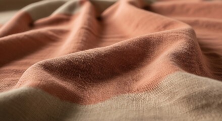 Textured woven fabric in terracotta and cream shades, showcasing textile artistry. Perfect for backgrounds, fashion projects, or creating inviting home decor mockups.