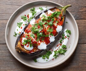 Close up view of roasted aubergine with yogurt and spicy tomato sauce dressing on light plate on wooden table.