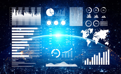 A bright and modern data visualization dashboard featuring diverse charts, graphs, and analytics elements, surrounded by a global perspective and connectivity. Impute