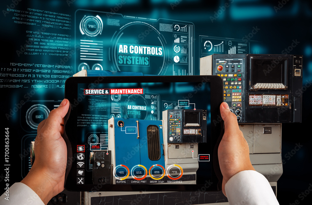Poster engineer use augmented reality software in smart factory production line with automated application 