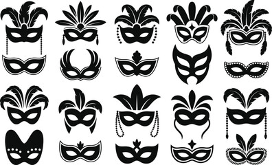 A diverse set of black vector silhouette masquerade masks for carnival and festive events