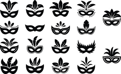 Collection of black and white carnival mask icons for masquerade balls and festive celebrations