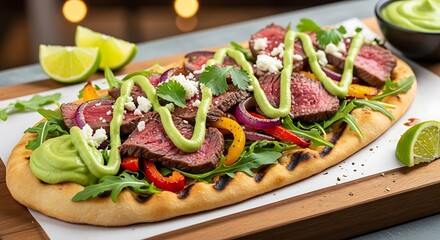 Gourmet grilled steak flatbread with vibrant vegetables and zesty avocado crema drizzle on wooden