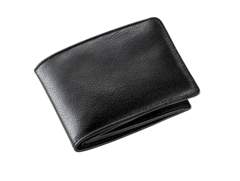 Closed black leather bi-fold wallet, lying flat