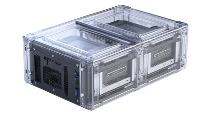 Transparent computer chassis showcasing dual internal units
