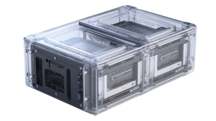 Transparent computer chassis showcasing dual internal units