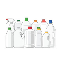 Collection of various clear plastic cleaning product bottles with colorful caps