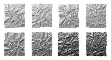 Collection of eight crumpled paper sheets with varying light levels