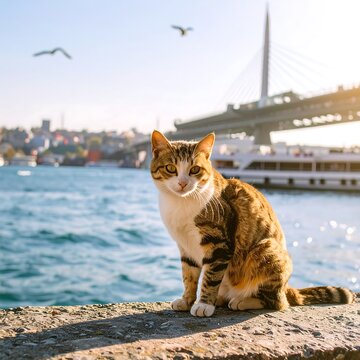 A cat by the water, cityscape view
