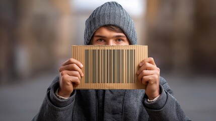 Young man in winter clothing holding a piece of cardboard with barcode print, standing on blurred urban background, symbolizing loss of identity, consumerism and social alienation